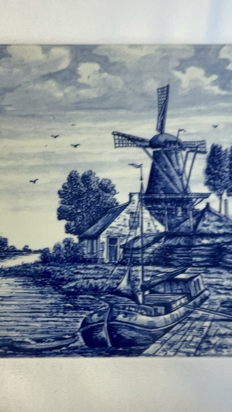 Dutch Delft Blue Windmill On The Rhine Porcelain 6x6 Tile Made In Holland- Read